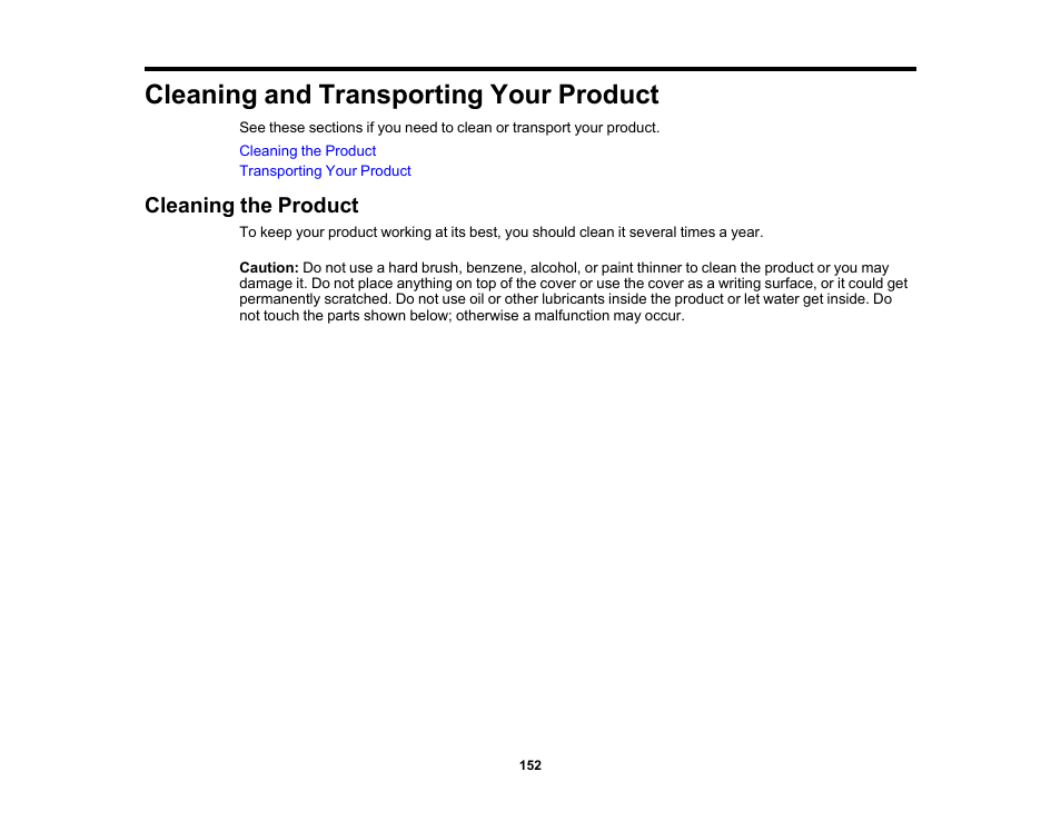 Cleaning and transporting your product, Cleaning the product | Epson Workforce Pro WF-7310 Wireless Printer User Manual | Page 152 / 210