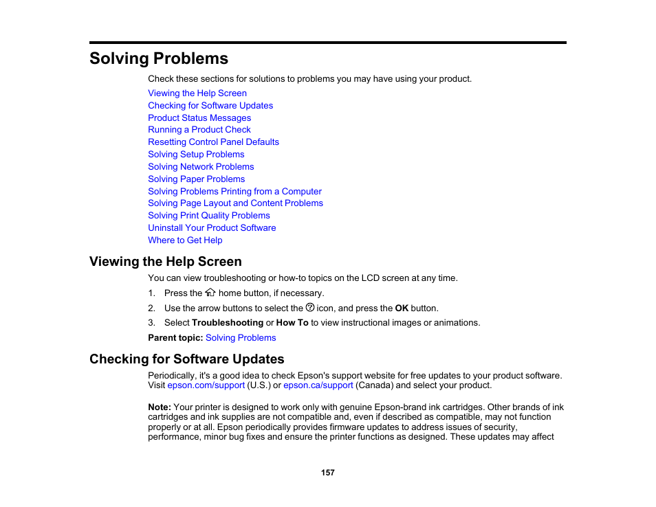 Solving problems, Viewing the help screen, Checking for software updates | Epson Workforce Pro WF-7310 Wireless Printer User Manual | Page 157 / 210