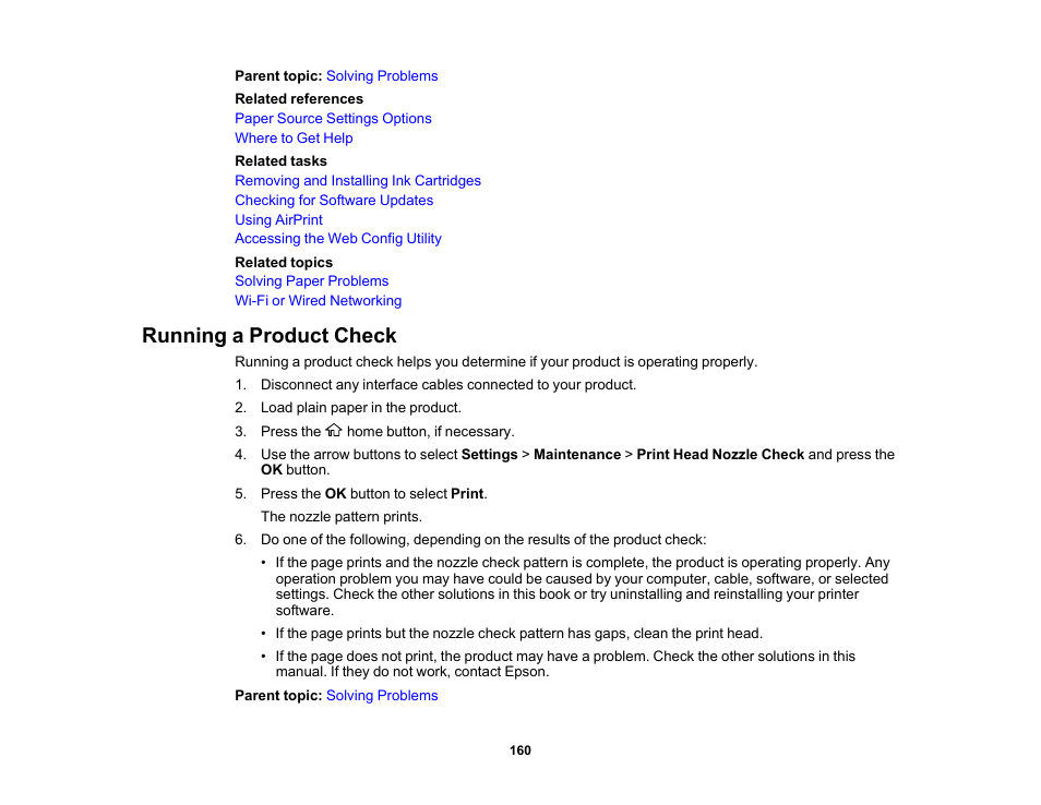 Running a product check | Epson Workforce Pro WF-7310 Wireless Printer User Manual | Page 160 / 210