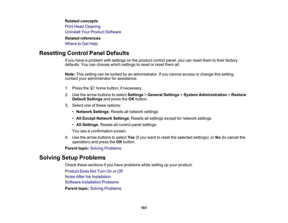 Resetting control panel defaults, Solving setup problems | Epson Workforce Pro WF-7310 Wireless Printer User Manual | Page 161 / 210