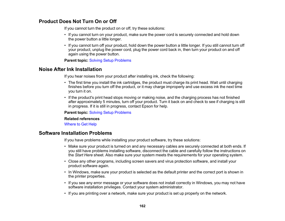 Product does not turn on or off, Noise after ink installation, Software installation problems | Epson Workforce Pro WF-7310 Wireless Printer User Manual | Page 162 / 210