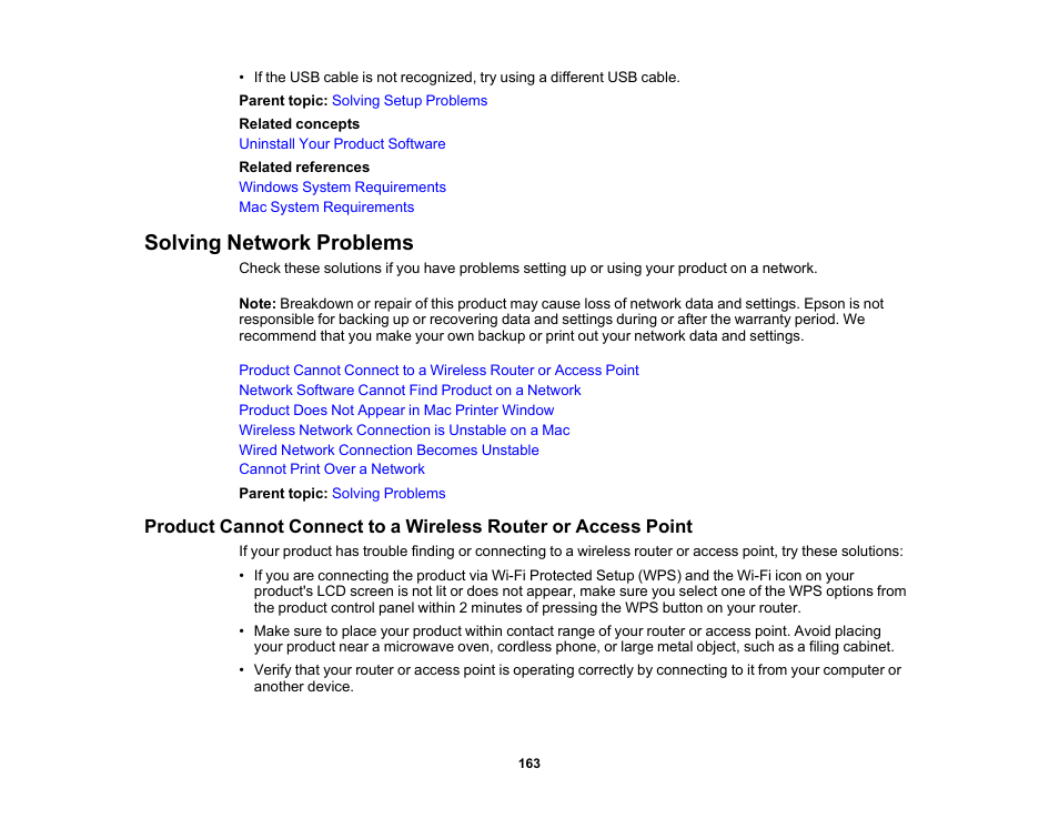 Solving network problems | Epson Workforce Pro WF-7310 Wireless Printer User Manual | Page 163 / 210
