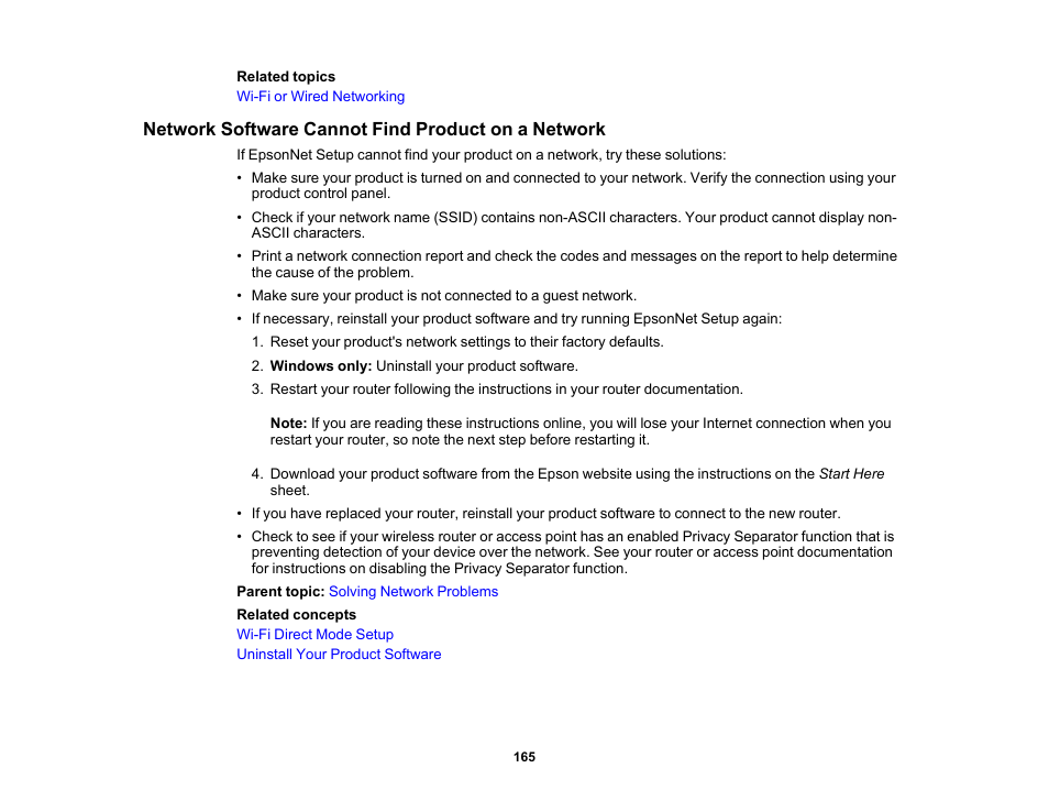 Network software cannot find product on a network | Epson Workforce Pro WF-7310 Wireless Printer User Manual | Page 165 / 210