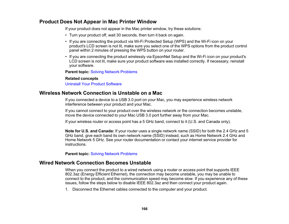 Product does not appear in mac printer window, Wireless network connection is unstable on a mac, Wired network connection becomes unstable | Epson Workforce Pro WF-7310 Wireless Printer User Manual | Page 166 / 210