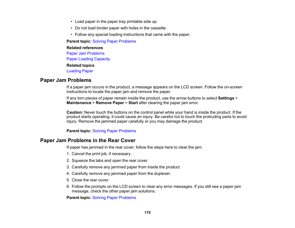Paper jam problems, Paper jam problems in the rear cover | Epson Workforce Pro WF-7310 Wireless Printer User Manual | Page 170 / 210