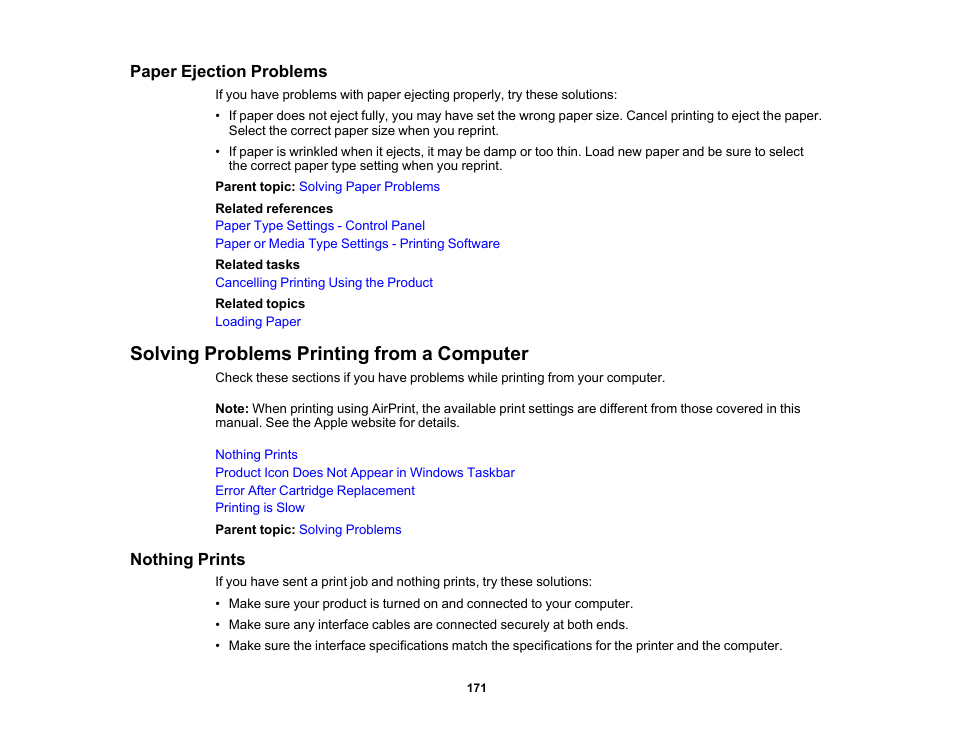 Paper ejection problems, Solving problems printing from a computer, Nothing prints | Epson Workforce Pro WF-7310 Wireless Printer User Manual | Page 171 / 210