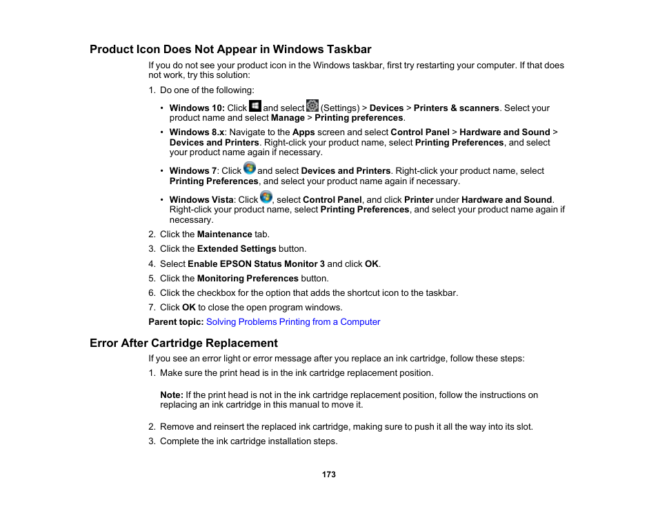 Product icon does not appear in windows taskbar, Error after cartridge replacement | Epson Workforce Pro WF-7310 Wireless Printer User Manual | Page 173 / 210