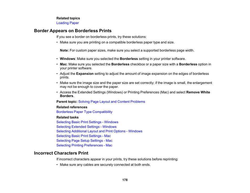 Border appears on borderless prints, Incorrect characters print | Epson Workforce Pro WF-7310 Wireless Printer User Manual | Page 178 / 210