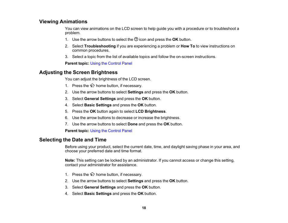 Viewing animations, Adjusting the screen brightness, Selecting the date and time | Epson Workforce Pro WF-7310 Wireless Printer User Manual | Page 18 / 210