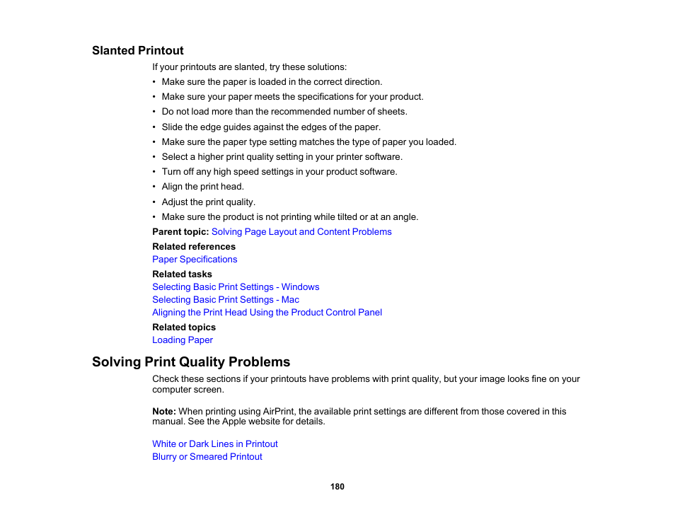 Slanted printout, Solving print quality problems | Epson Workforce Pro WF-7310 Wireless Printer User Manual | Page 180 / 210