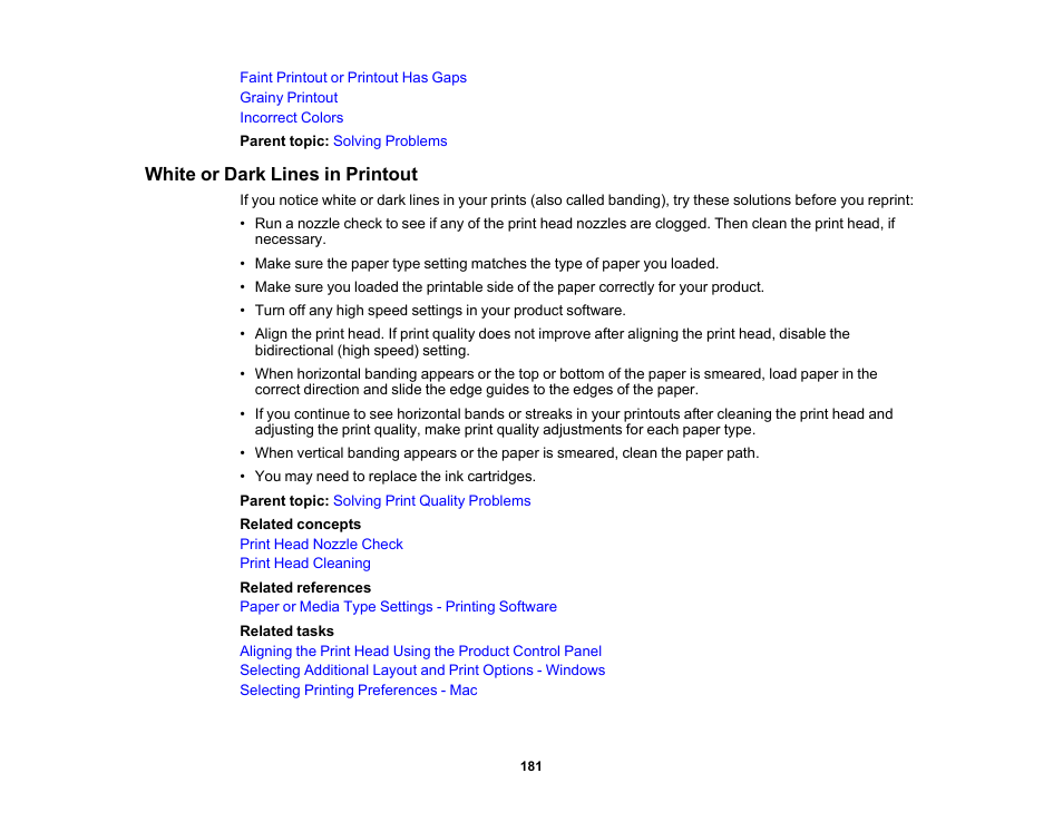 White or dark lines in printout | Epson Workforce Pro WF-7310 Wireless Printer User Manual | Page 181 / 210