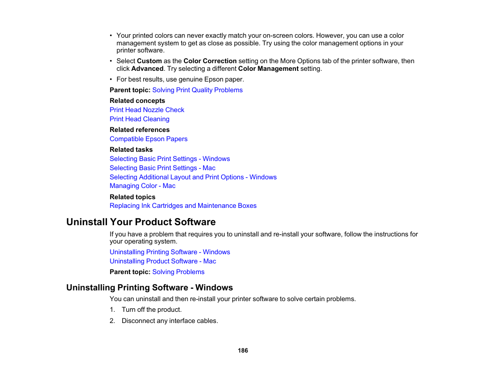 Uninstall your product software, Uninstalling printing software - windows | Epson Workforce Pro WF-7310 Wireless Printer User Manual | Page 186 / 210