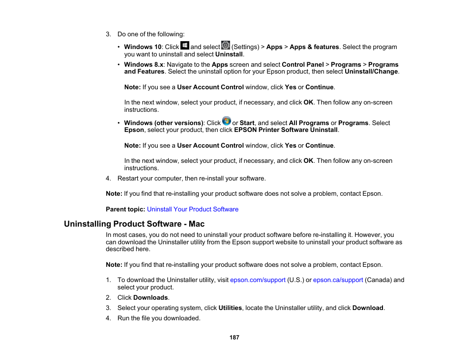 Uninstalling product software - mac | Epson Workforce Pro WF-7310 Wireless Printer User Manual | Page 187 / 210