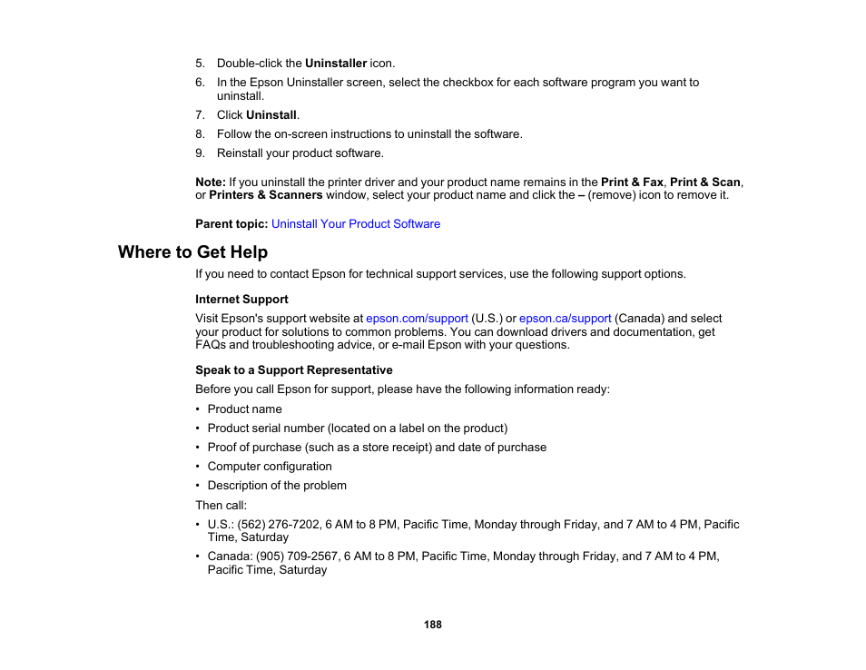 Where to get help | Epson Workforce Pro WF-7310 Wireless Printer User Manual | Page 188 / 210