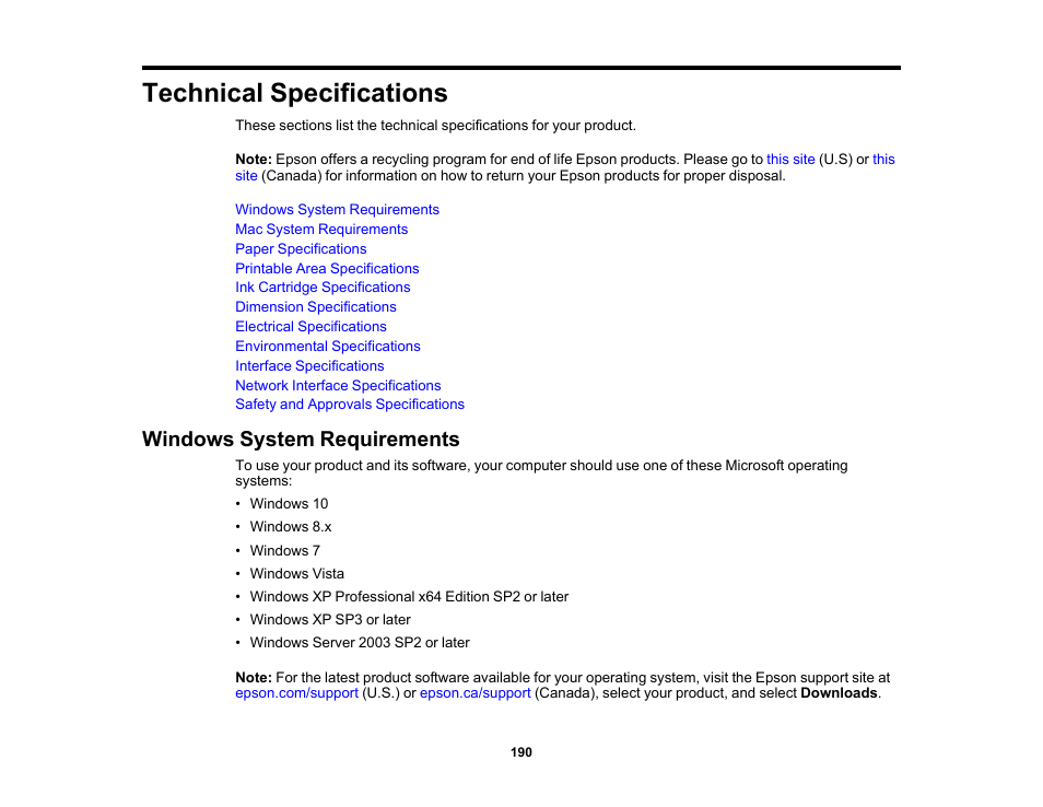 Technical specifications, Windows system requirements | Epson Workforce Pro WF-7310 Wireless Printer User Manual | Page 190 / 210