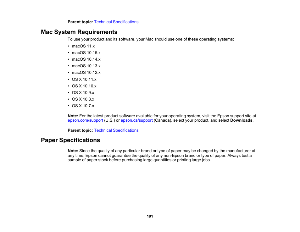 Mac system requirements, Paper specifications, Mac system requirements paper specifications | Epson Workforce Pro WF-7310 Wireless Printer User Manual | Page 191 / 210