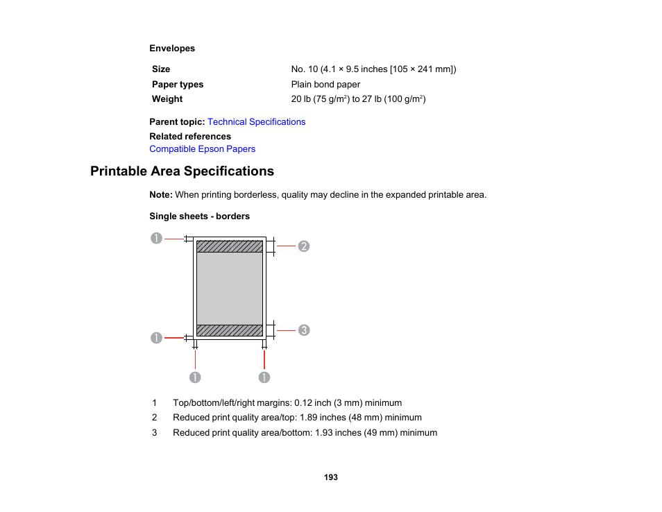 Printable area specifications | Epson Workforce Pro WF-7310 Wireless Printer User Manual | Page 193 / 210