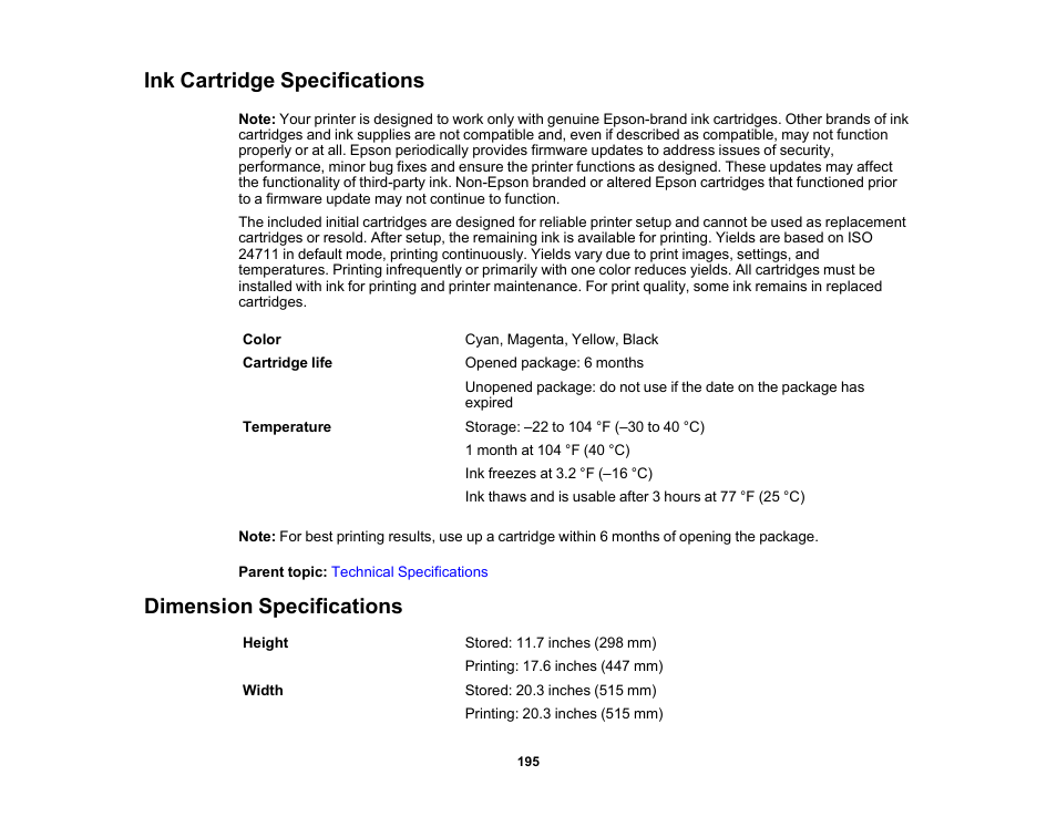 Ink cartridge specifications, Dimension specifications | Epson Workforce Pro WF-7310 Wireless Printer User Manual | Page 195 / 210