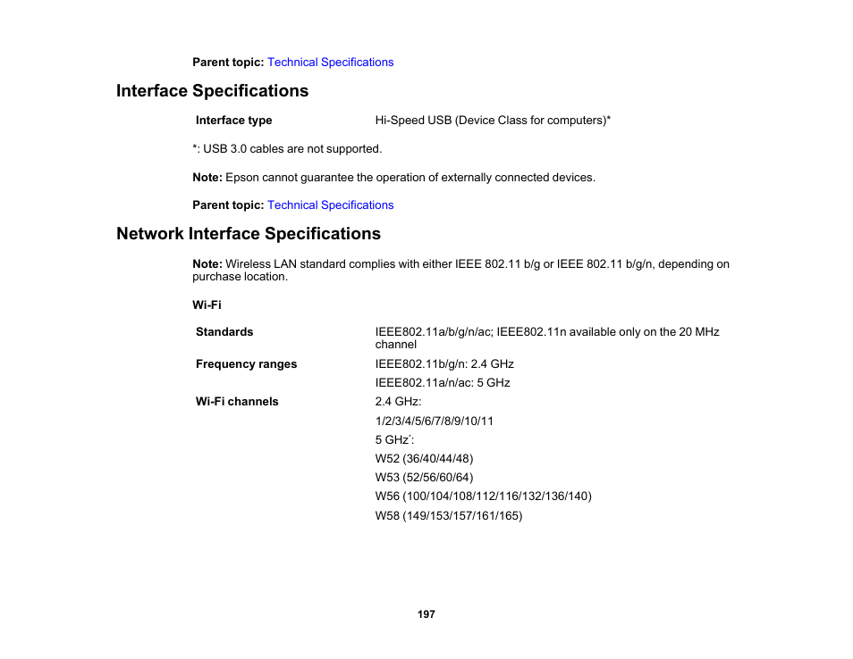 Interface specifications, Network interface specifications | Epson Workforce Pro WF-7310 Wireless Printer User Manual | Page 197 / 210