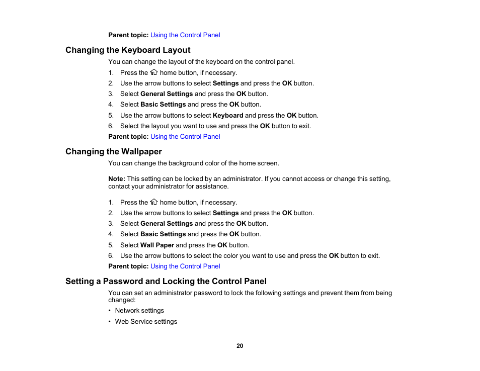 Changing the keyboard layout, Changing the wallpaper, Setting a password and locking the control panel | Epson Workforce Pro WF-7310 Wireless Printer User Manual | Page 20 / 210