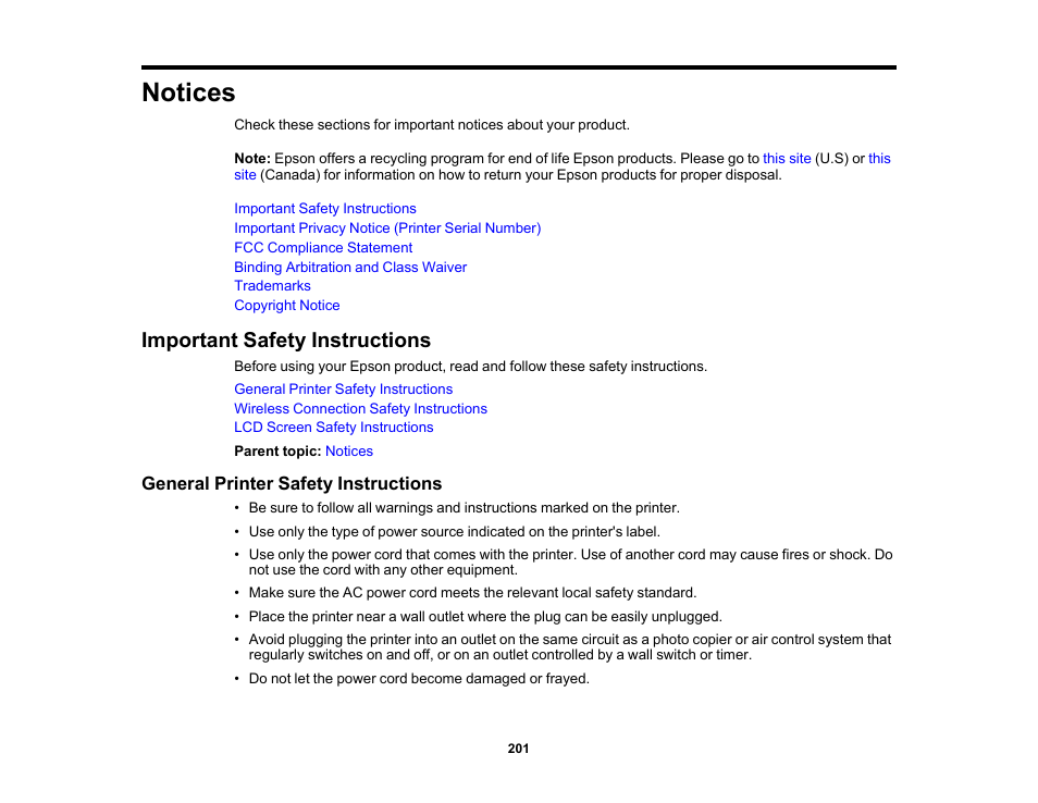 Notices, Important safety instructions, General printer safety instructions | Epson Workforce Pro WF-7310 Wireless Printer User Manual | Page 201 / 210