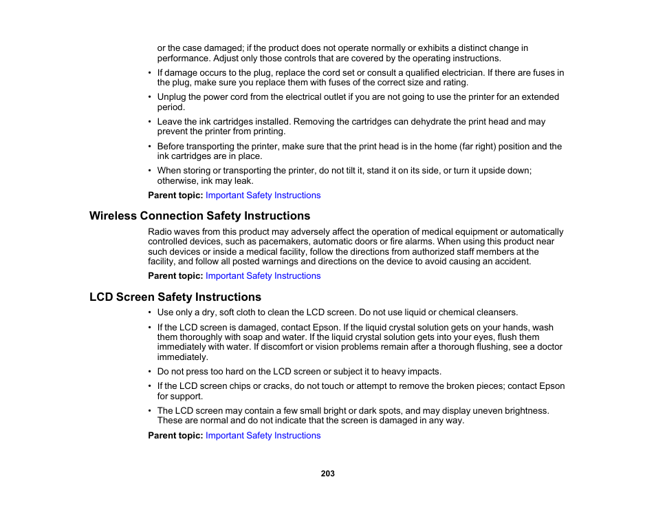 Wireless connection safety instructions, Lcd screen safety instructions | Epson Workforce Pro WF-7310 Wireless Printer User Manual | Page 203 / 210