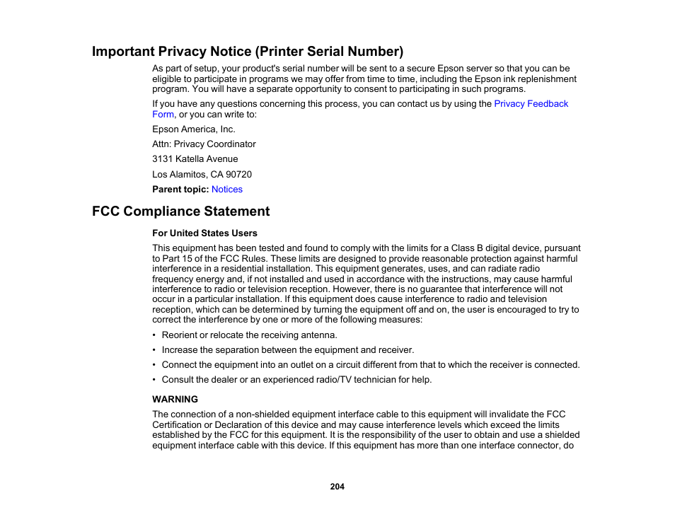Important privacy notice (printer serial number), Fcc compliance statement | Epson Workforce Pro WF-7310 Wireless Printer User Manual | Page 204 / 210