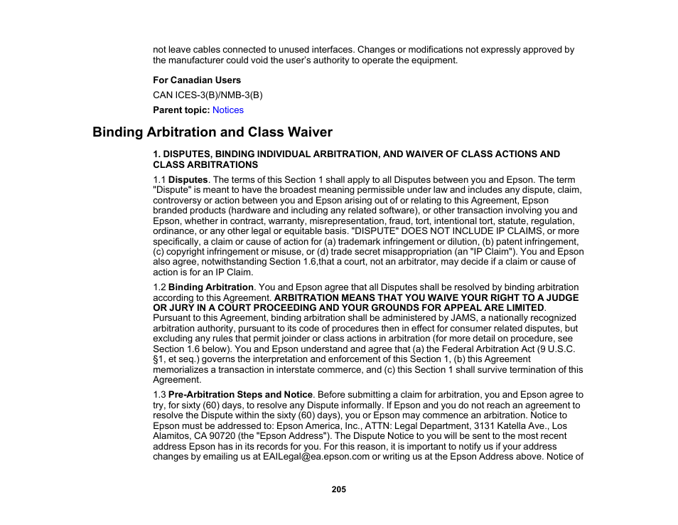 Binding arbitration and class waiver | Epson Workforce Pro WF-7310 Wireless Printer User Manual | Page 205 / 210