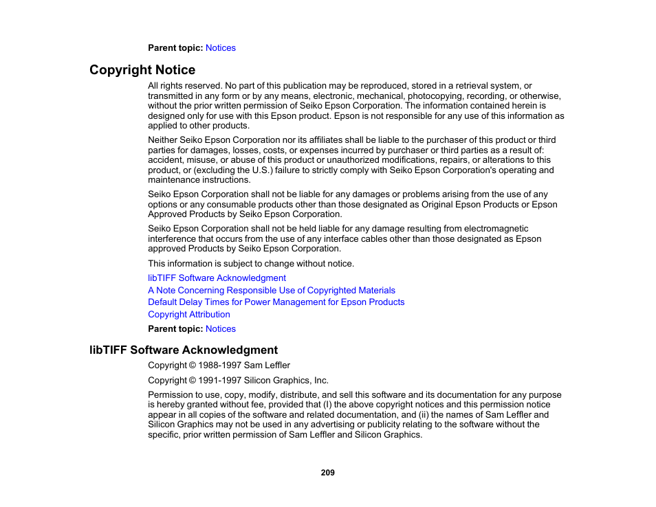 Copyright notice, Libtiff software acknowledgment | Epson Workforce Pro WF-7310 Wireless Printer User Manual | Page 209 / 210