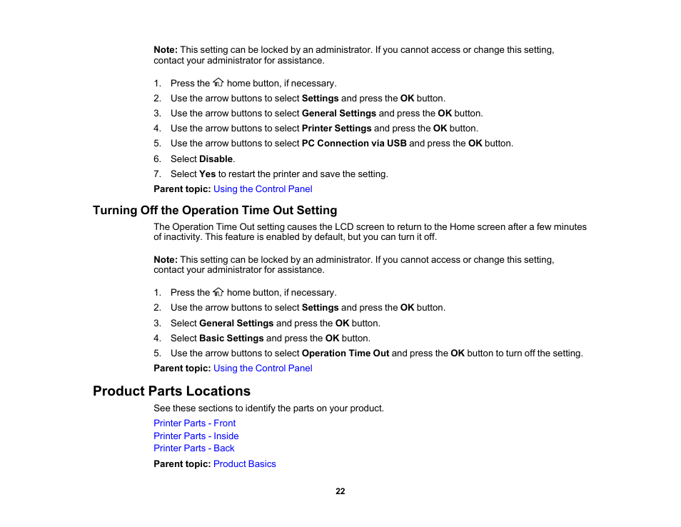 Turning off the operation time out setting, Product parts locations | Epson Workforce Pro WF-7310 Wireless Printer User Manual | Page 22 / 210