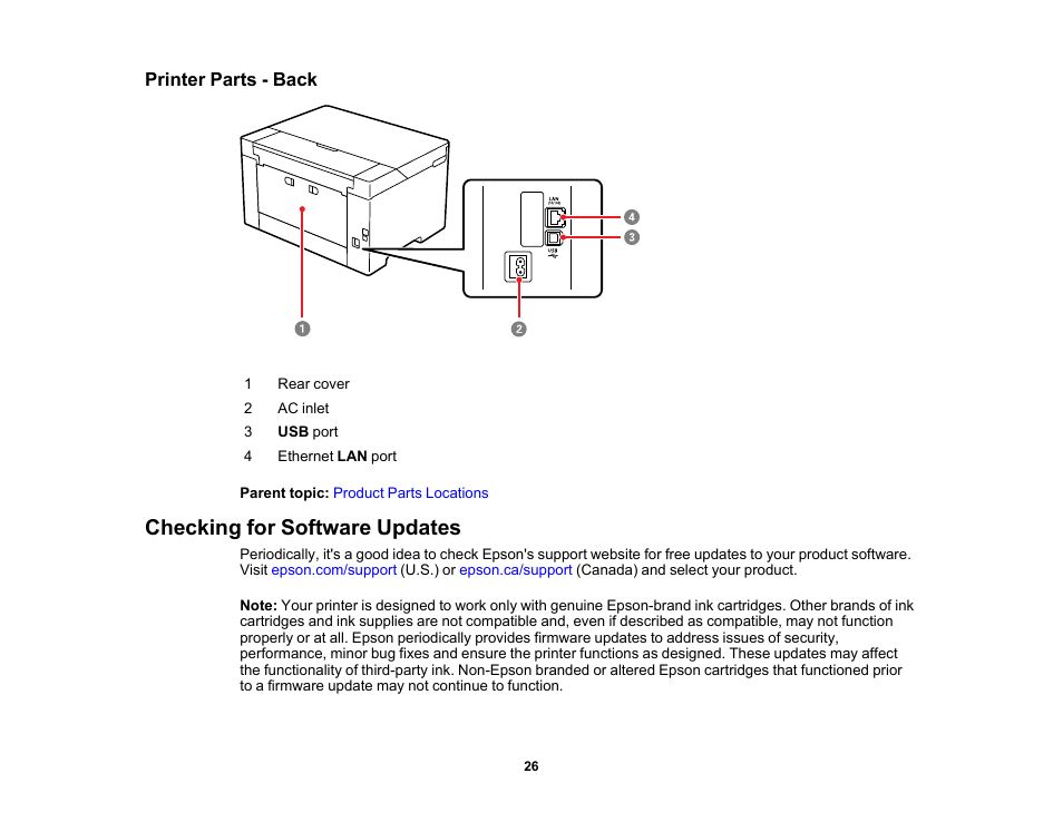 Printer parts - back, Checking for software updates | Epson Workforce Pro WF-7310 Wireless Printer User Manual | Page 26 / 210