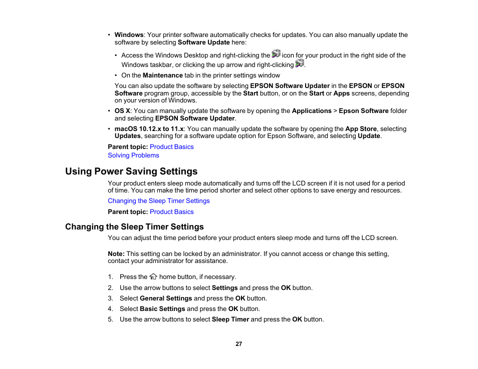 Using power saving settings, Changing the sleep timer settings | Epson Workforce Pro WF-7310 Wireless Printer User Manual | Page 27 / 210