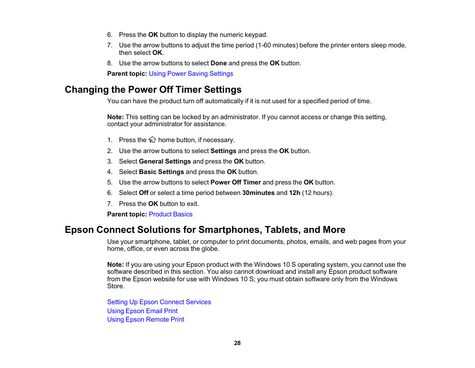 Changing the power off timer settings | Epson Workforce Pro WF-7310 Wireless Printer User Manual | Page 28 / 210