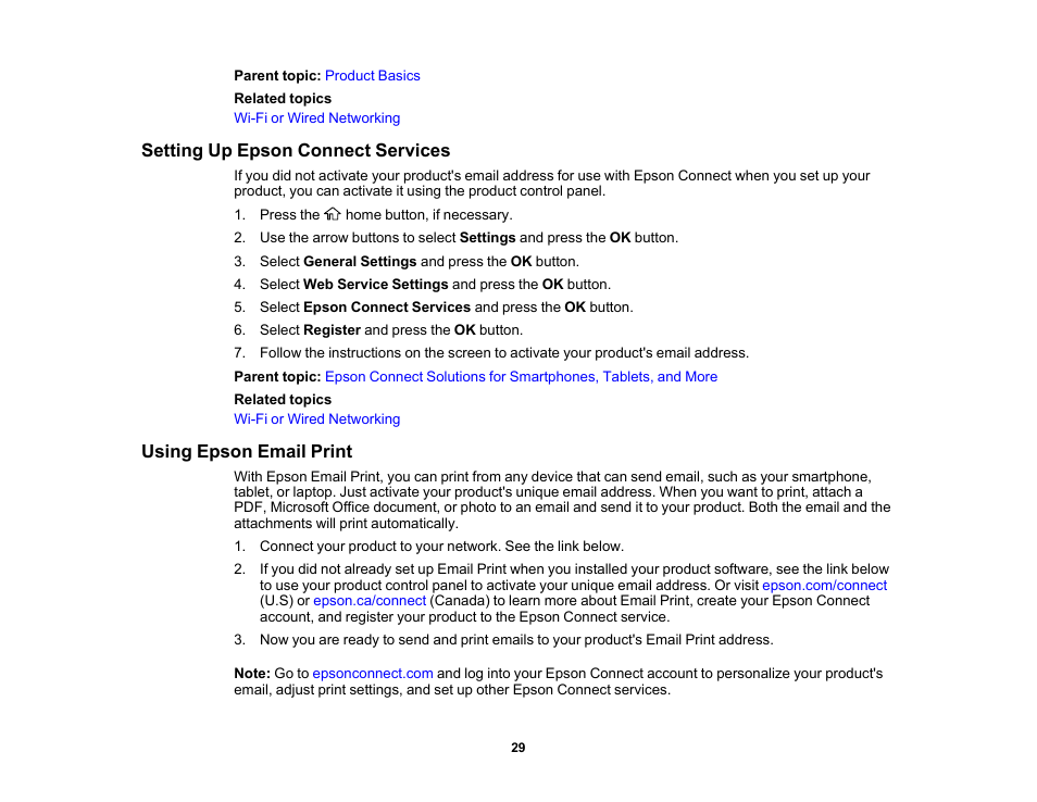 Setting up epson connect services, Using epson email print | Epson Workforce Pro WF-7310 Wireless Printer User Manual | Page 29 / 210