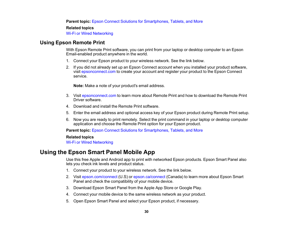 Using epson remote print, Using the epson smart panel mobile app | Epson Workforce Pro WF-7310 Wireless Printer User Manual | Page 30 / 210