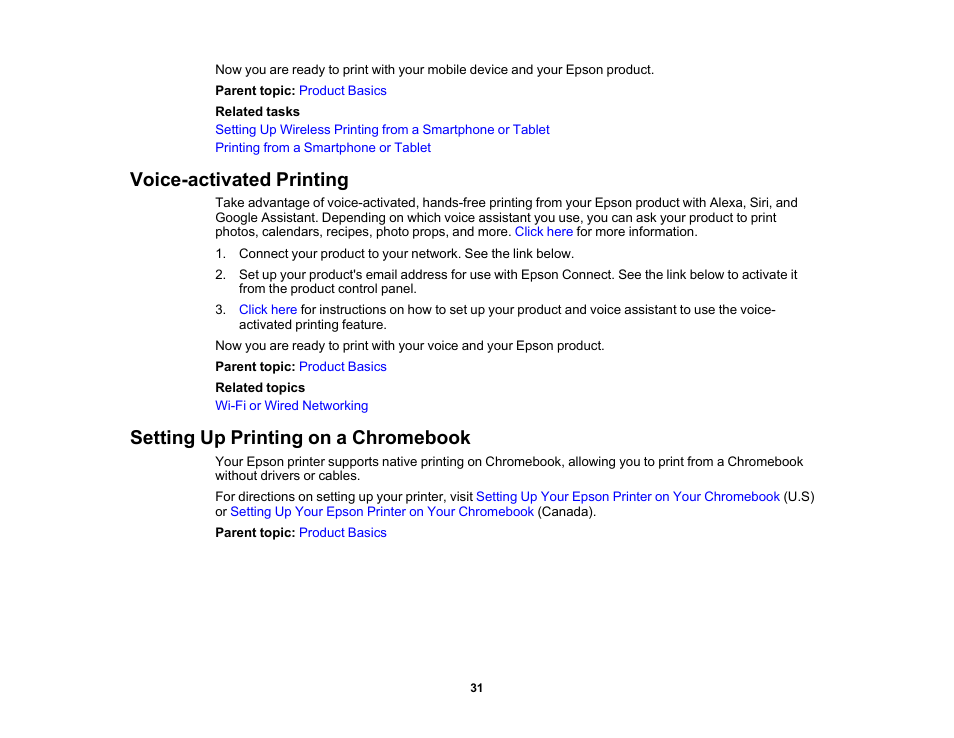 Voice-activated printing, Setting up printing on a chromebook | Epson Workforce Pro WF-7310 Wireless Printer User Manual | Page 31 / 210