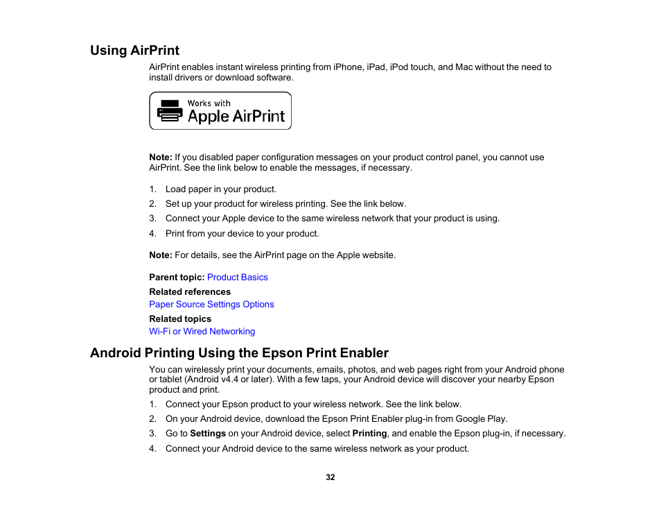 Using airprint, Android printing using the epson print enabler | Epson Workforce Pro WF-7310 Wireless Printer User Manual | Page 32 / 210