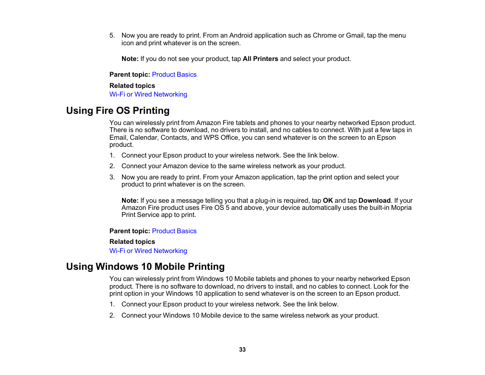Using fire os printing, Using windows 10 mobile printing | Epson Workforce Pro WF-7310 Wireless Printer User Manual | Page 33 / 210