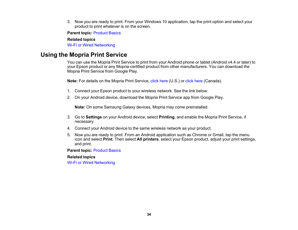 Using the mopria print service | Epson Workforce Pro WF-7310 Wireless Printer User Manual | Page 34 / 210