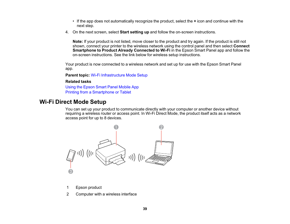 Wi-fi direct mode setup | Epson Workforce Pro WF-7310 Wireless Printer User Manual | Page 39 / 210