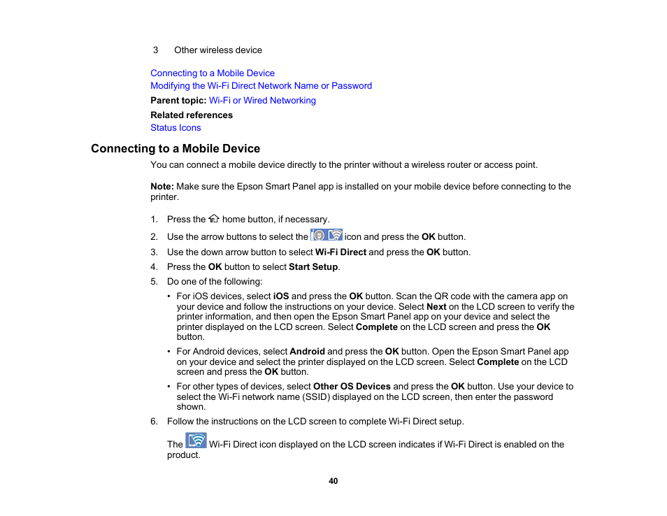 Connecting to a mobile device | Epson Workforce Pro WF-7310 Wireless Printer User Manual | Page 40 / 210