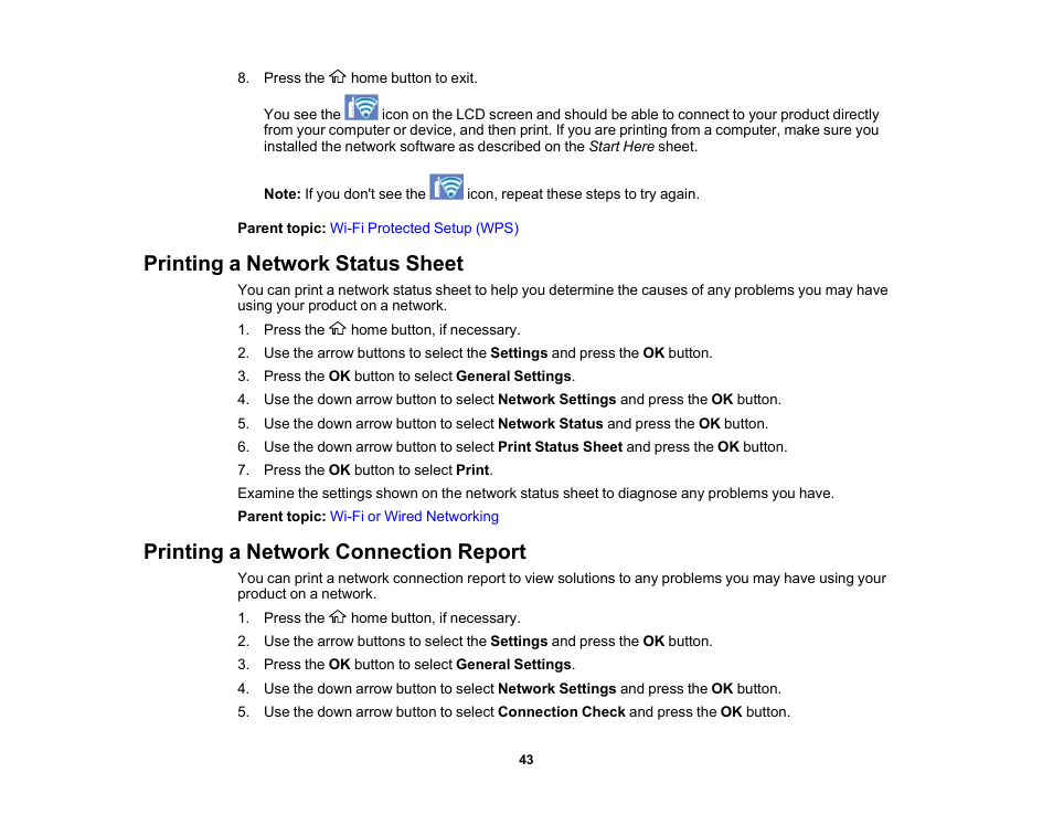 Printing a network status sheet, Printing a network connection report | Epson Workforce Pro WF-7310 Wireless Printer User Manual | Page 43 / 210
