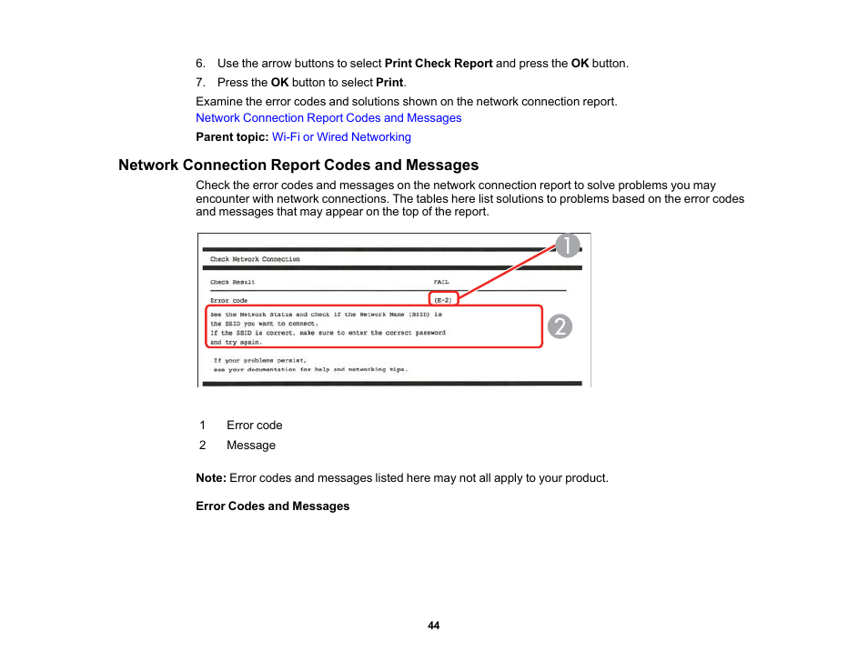 Network connection report codes and messages | Epson Workforce Pro WF-7310 Wireless Printer User Manual | Page 44 / 210