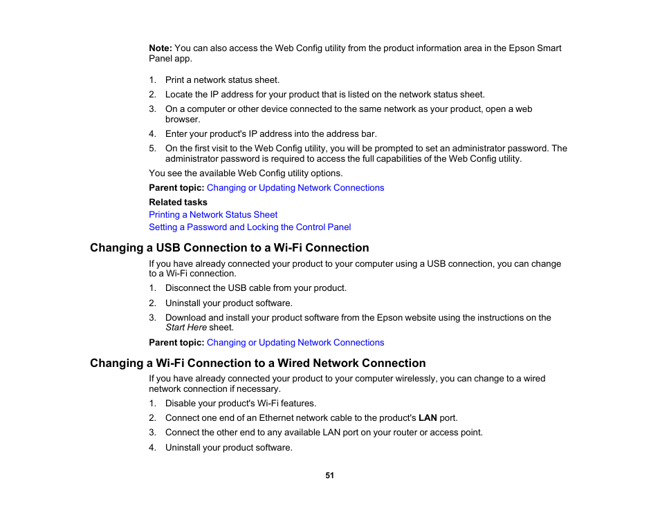 Changing a usb connection to a wi-fi connection | Epson Workforce Pro WF-7310 Wireless Printer User Manual | Page 51 / 210