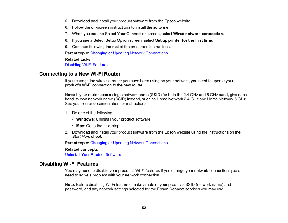Connecting to a new wi-fi router, Disabling wi-fi features | Epson Workforce Pro WF-7310 Wireless Printer User Manual | Page 52 / 210