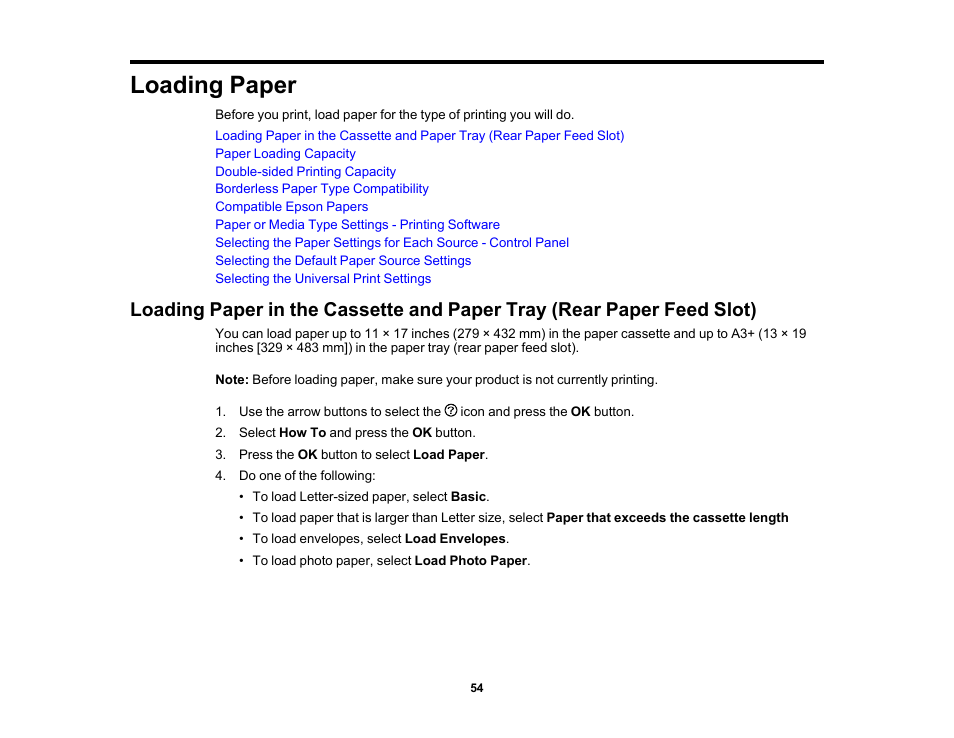 Loading paper | Epson Workforce Pro WF-7310 Wireless Printer User Manual | Page 54 / 210