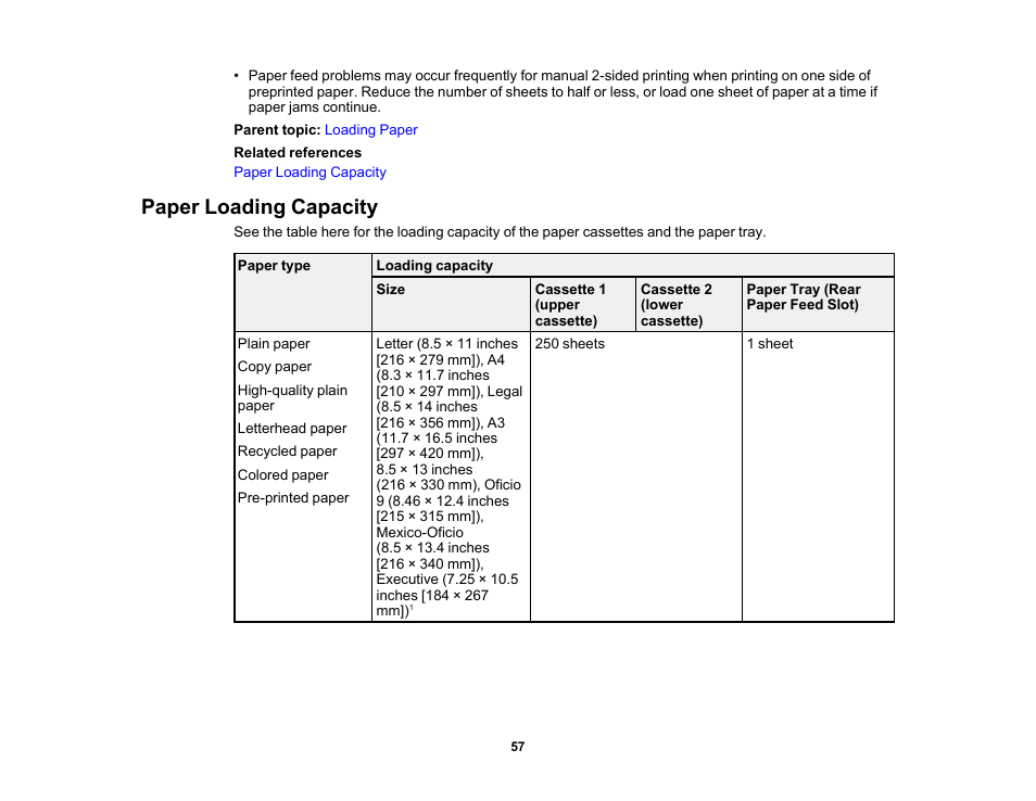 Paper loading capacity | Epson Workforce Pro WF-7310 Wireless Printer User Manual | Page 57 / 210