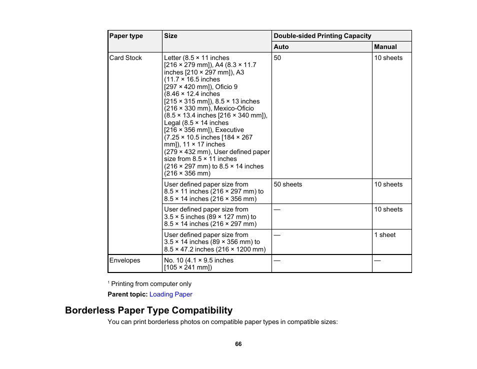 Borderless paper type compatibility | Epson Workforce Pro WF-7310 Wireless Printer User Manual | Page 66 / 210