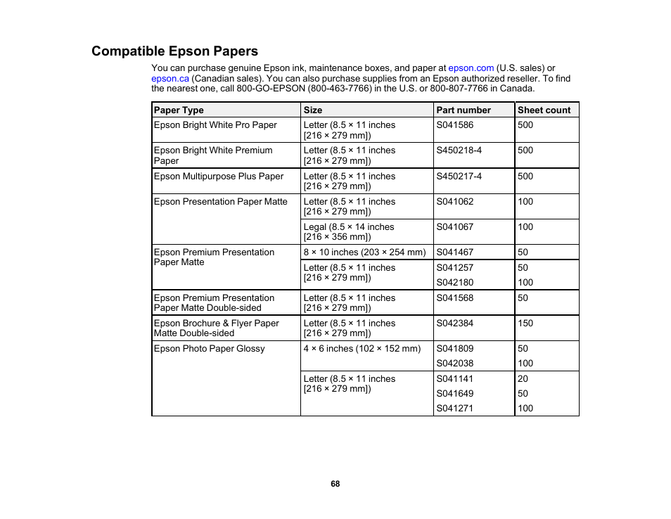 Compatible epson papers | Epson Workforce Pro WF-7310 Wireless Printer User Manual | Page 68 / 210