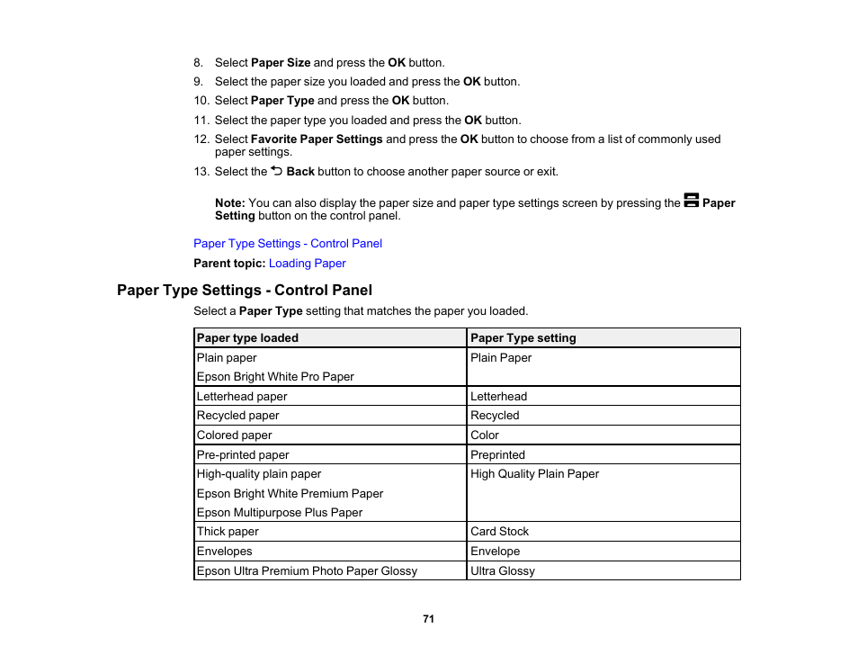 Paper type settings - control panel | Epson Workforce Pro WF-7310 Wireless Printer User Manual | Page 71 / 210
